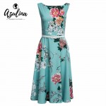 AZULINA Vintage 2017 Women Summer Beach Dress Sundress Sleeveless Floral Print A Line Casual Dress with belt Vestidos robe femme