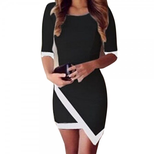 Aamikast Women Dresses Hot Sale New Fashion Elegant O-neck Middle Sleeve Patchwork Temperament Charm Party Bodycon Mini Dresses