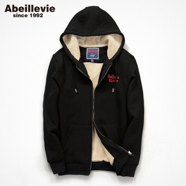 Abeillevie Cotton Zipper Men's Hoodies Winter Hooded Sweatshirt Men Thick Fleece Casual Men's Tracksuit Street hoodies 2ABD9002