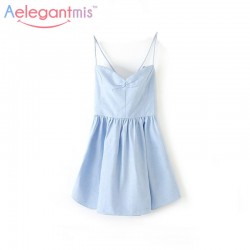 Aelegantmis Casual Striped Backless Slip Summer Dress Women High Waist Spaghetti Strap Short Sexy Beach Dress Ladies Sundress