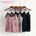 Aelegantmis Sexy Lace V Neck Velvet Tops Women 2017 Spring Fashion Sleeveless Slim Velour Short Camisoles Ladies Pink Tank Tops