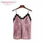 Aelegantmis Sexy Lace V Neck Velvet Tops Women 2017 Spring Fashion Sleeveless Slim Velour Short Camisoles Ladies Pink Tank Tops