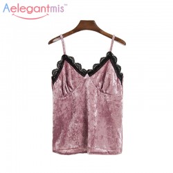 Aelegantmis Sexy Lace V Neck Velvet Tops Women 2017 Spring Fashion Sleeveless Slim Velour Short Camisoles Ladies Pink Tank Tops