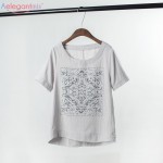 Aelegantmis Summer Casual Linen Cotton Short Sleeve T-shirt Women Vintage Ethnic Print Loose Tops Tee Shirt Ladies Plus Size