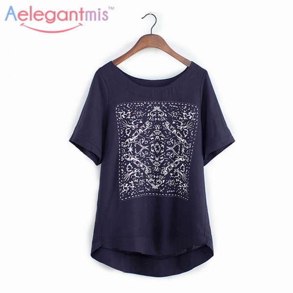 Aelegantmis Summer Casual Linen Cotton Short Sleeve T-shirt Women Vintage Ethnic Print Loose Tops Tee Shirt Ladies Plus Size