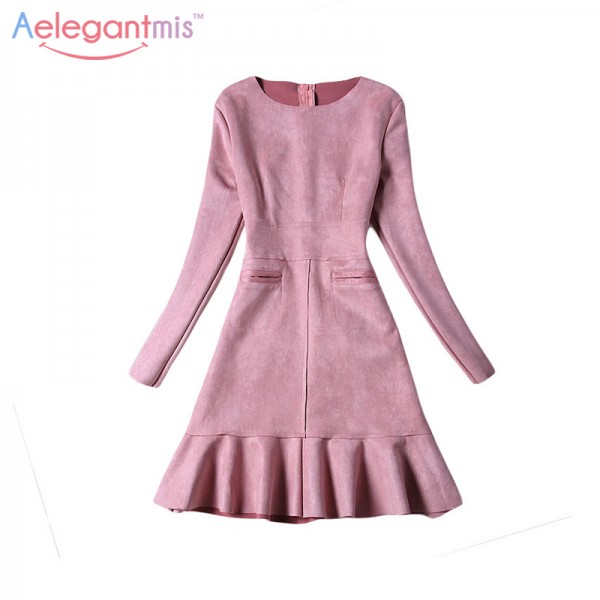 Aelegantmis Women Faux Suede Dress 2017 Spring Fashion Long Sleeve Tunic Ruffled Hem Party Dresses Ladies Slim Vestidos Female