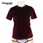 Ahagaga 2017 Spring T-shirts Women Velvet Tees Shirts Short Sleeve O-neck Solid Cute Women Tops Streeetwear T-shirt Women Femme