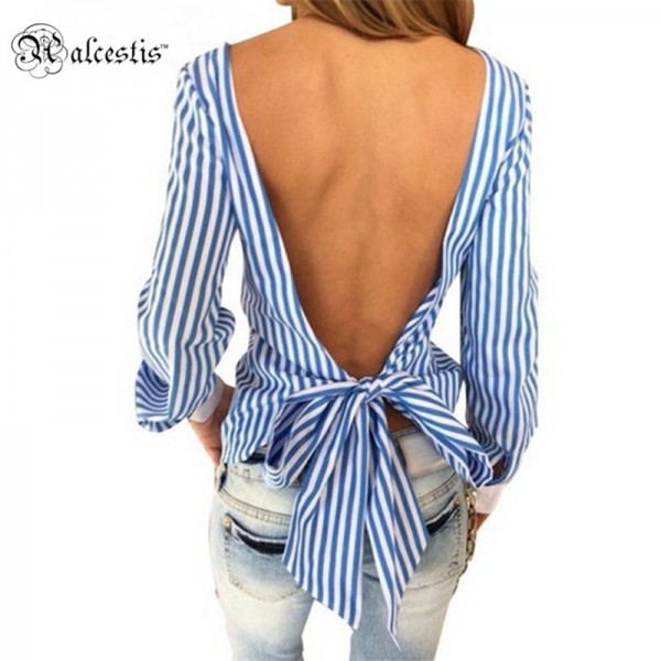 Alcestis 2017 Spring Top Tees Long sleeve T-shirt girls Summer backless blue striped Elegant T-shirt Women Short bow blusas
