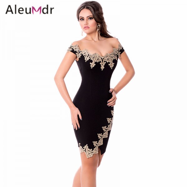Aleumdr 2017 Autumn Womens Elegant Off Shoulder Mini Dress Black Sexy Lace Applique Bodycon Pencil Dresses Slim LC22715 Vestidos