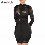 Aleumdr 2017 Sexy Night Club Mini Dresses Women Elegant Long Sleeve Sight to See Striped Bodycon Dress With Zip LC22860 Vestidos