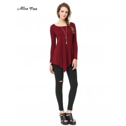Alisa Pan Casual Work Spring Summer O-Neck Full Sleeve Loose Burgundy Fashion Women Girls T-Shirt AP01006BD Tee Tops Shirts 