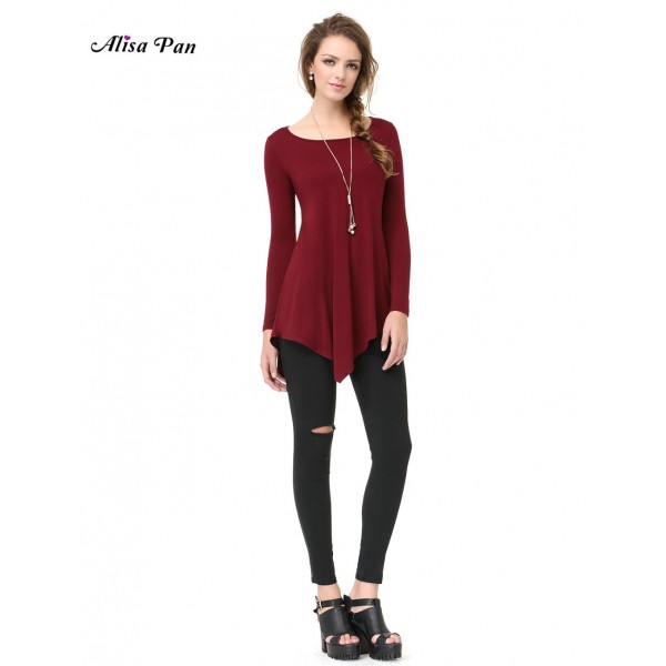 Alisa Pan Casual Work Spring Summer O-Neck Full Sleeve Loose Burgundy Fashion Women Girls T-Shirt AP01006BD Tee Tops Shirts 