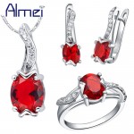Almei 40%Off Jewelry Set 925 Sterling Silver Zircon Bijoux Cute Red Crystal Wedding Accessories Party Ring For Women Female T232