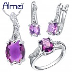 Almei 40%Off Jewelry Set 925 Sterling Silver Zircon Bijoux Cute Red Crystal Wedding Accessories Party Ring For Women Female T232