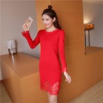 Almoda 2016 Spring Women Lace Patchwork Long-sleeved Knitted Bottom Dress Solid Color Pullovers All-matching Vestidos