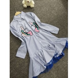 [Alphalmoda] 2017 New Ruffle Shirt Dress Embroidery Bird Appliques Single Breasted Gauze Liner Flounced Women Fashion Dress