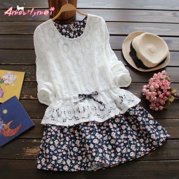 Amourlymei Spring Autumn Women Dress 2017Japanese Style Sweet Floral Print Lace Patchwork Long Sleeve Dress Cute Mori Girl Dress