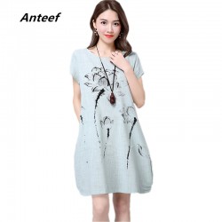 Anteef cotton linen vintage floral print plus size clothes women casual loose mini summer dress vestidos femininos 2018 dresses