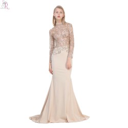 Apricot Mesh Sequined Sheer See-throught Top Maxi Bodycon Dress Mermaid Backless Long Sleeve Sexy Party 2017 Women