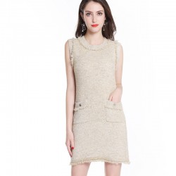 Apricot knit dress Tassel sleeveless autumn / winter dress women Bright silk knit fabric bottoming knitting Casual dress