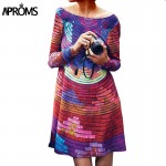 Aproms 2017 Retro Multi colored Dress Women Casual 80s Loose long sleeved mini T shirt dresses  Lady vestido ropa mujer