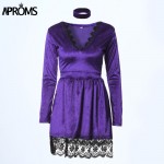 Aproms 2017 Women Lace Patchwork Velvet Dress Winter Sexy Deep V Neck Long Sleeve Short Mini Dresses Casual Velour Dress Vestido