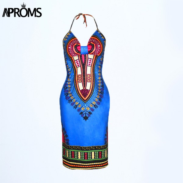 Aproms Boho Gypsy Halter Neck Women's Dress Sexy Bodycon Party Sundress Traditional African Print Dashiki Dresses Festival 10878