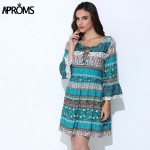 Aproms Elegant Floral Print Short Dress Women Boho V Neck Sexy Dress Summer Loose Lace Up Beach Dresses Flare Sleeve Vestidos