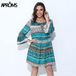 Aproms Elegant Floral Print Short Dress Women Boho V Neck Sexy Dress Summer Loose Lace Up Beach Dresses Flare Sleeve Vestidos