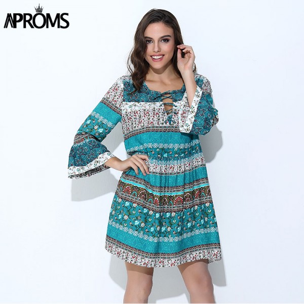 Aproms Elegant Floral Print Short Dress Women Boho V Neck Sexy Dress Summer Loose Lace Up Beach Dresses Flare Sleeve Vestidos