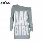 Aproms Summer Bad Girl Print T shirt Dress Women Gray Black Long Sleeve Loose Tunic Dresses Casual Long Tops Sundress Vestidos