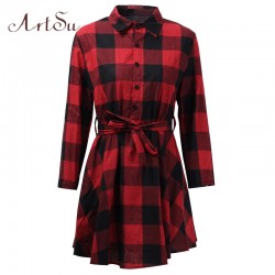 ArtSu 2017 Fashion Women Mini Dress Vintage White Black Plaid Print 3/4 Sleeve Sexy Plus Size Plaid Short Dress ASDR10007