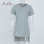 ArtSu 2017 Newest Print Long Summer T Shirt Dress Women Short Sleeve O-Neck Straight Grey Club Party Sexy Ladies Dresses DR50112