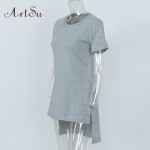 ArtSu 2017 Newest Print Long Summer T Shirt Dress Women Short Sleeve O-Neck Straight Grey Club Party Sexy Ladies Dresses DR50112