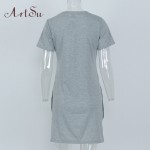 ArtSu 2017 Newest Print Long Summer T Shirt Dress Women Short Sleeve O-Neck Straight Grey Club Party Sexy Ladies Dresses DR50112