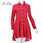 ArtSu New 2017 Preppy Style Women Summer Dress Sexy 3/4 Sleeve Red Plaid Print Office Shirt Cardigan Dresses Work Wear DR5985