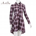 ArtSu New 2017 Preppy Style Women Summer Dress Sexy 3/4 Sleeve Red Plaid Print Office Shirt Cardigan Dresses Work Wear DR5985