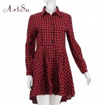 ArtSu New 2017 Preppy Style Women Summer Dress Sexy 3/4 Sleeve Red Plaid Print Office Shirt Cardigan Dresses Work Wear DR5985