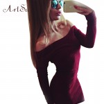 ArtSu New Fashion Long Slash Neck Dresses Women Off Shoulde Long Sleeve Knitted Sexy Autumn Dress Club Party Vestidos ASDR20020