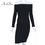 ArtSu New Fashion Long Slash Neck Dresses Women Off Shoulde Long Sleeve Knitted Sexy Autumn Dress Club Party Vestidos ASDR20020