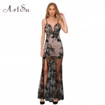 ArtSu Sexy Gold Sequin Embroidery Party Club Maxi Dresses Elegant Off Shoulder Women Vintage Camis Long Dress Vestidos ASDR20013