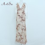 ArtSu Sexy Gold Sequin Embroidery Party Club Maxi Dresses Elegant Off Shoulder Women Vintage Camis Long Dress Vestidos ASDR20013