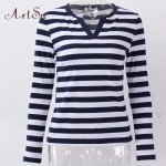 ArtSu Women Tops 2017 Long Sleeve Casual T-shirts Striped V-Neck Tee Shirt Femme Plus Size Woman Tshirt Top Mujer EPTS80079