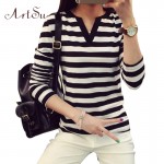 ArtSu Women Tops 2017 Long Sleeve Casual T-shirts Striped V-Neck Tee Shirt Femme Plus Size Woman Tshirt Top Mujer EPTS80079
