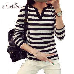 ArtSu Women Tops 2017 Long Sleeve Casual T-shirts Striped V-Neck Tee Shirt Femme Plus Size Woman Tshirt Top Mujer EPTS80079
