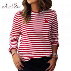 ArtSu Womens Tops 2017 O-Neck T-shirt Long Sleeve Striped T Shirts Tee Shirt Femme Blusas Plus Size Women Clothes EPTS80066
