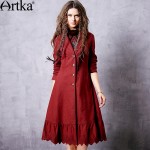 Artka Women's 2017 Spring Claret Embroidery Lacing Trench Vintage Turn-down Collar Long Sleeve Ruffle Hem Coat FA11563Q