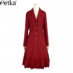 Artka Women's 2017 Spring Claret Embroidery Lacing Trench Vintage Turn-down Collar Long Sleeve Ruffle Hem Coat FA11563Q