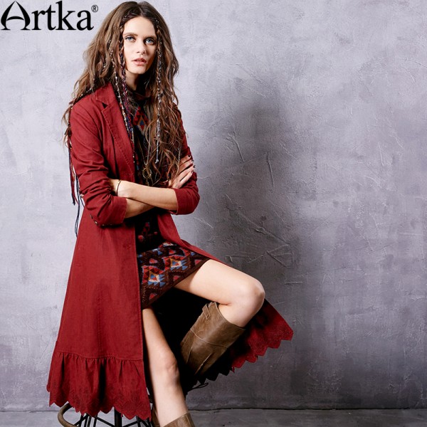 Artka Women's 2017 Spring Claret Embroidery Lacing Trench Vintage Turn-down Collar Long Sleeve Ruffle Hem Coat FA11563Q