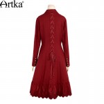 Artka Women's 2017 Spring Claret Embroidery Lacing Trench Vintage Turn-down Collar Long Sleeve Ruffle Hem Coat FA11563Q